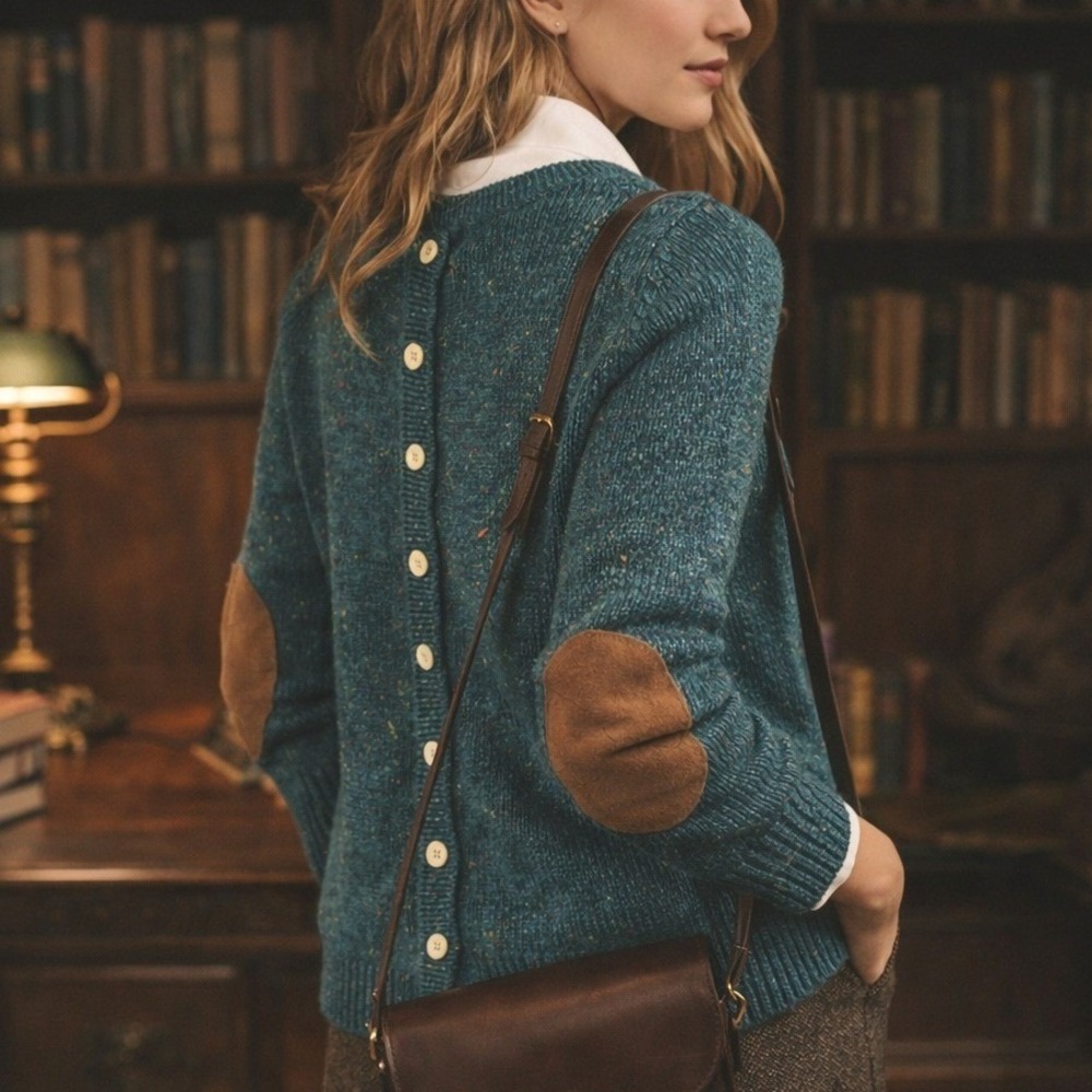 Lulu Fushi Teal Tweed Knit Sweater Small Elbow Patch Back Button Dark Academia